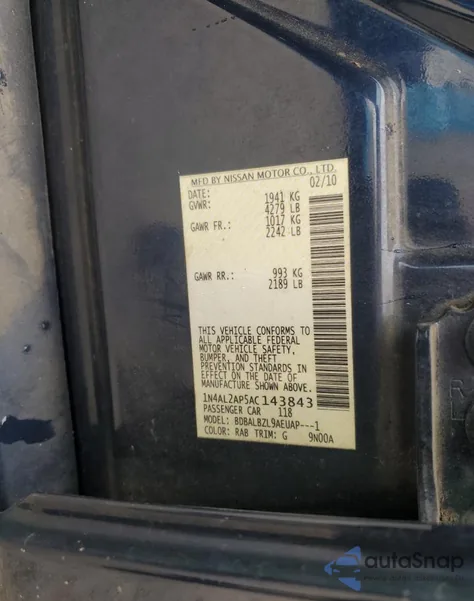 2010 Nissan Altima Base from USA, damaged, VIN 1N4AL2AP5AC143843